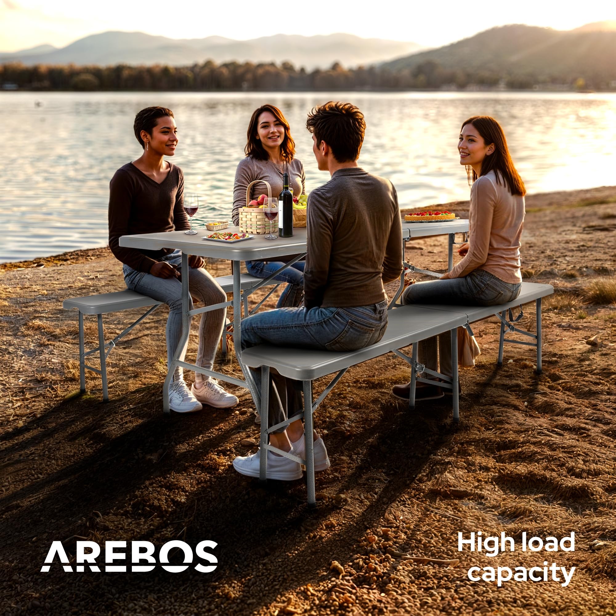 AREBOS Set tenda da birra 3 pezzi tavolo + 2 x panca | set tenda per interni - esterni | set tavolo da birra | pieghevole e con maniglia per il trasporto tavolo da campeggio | Antracite