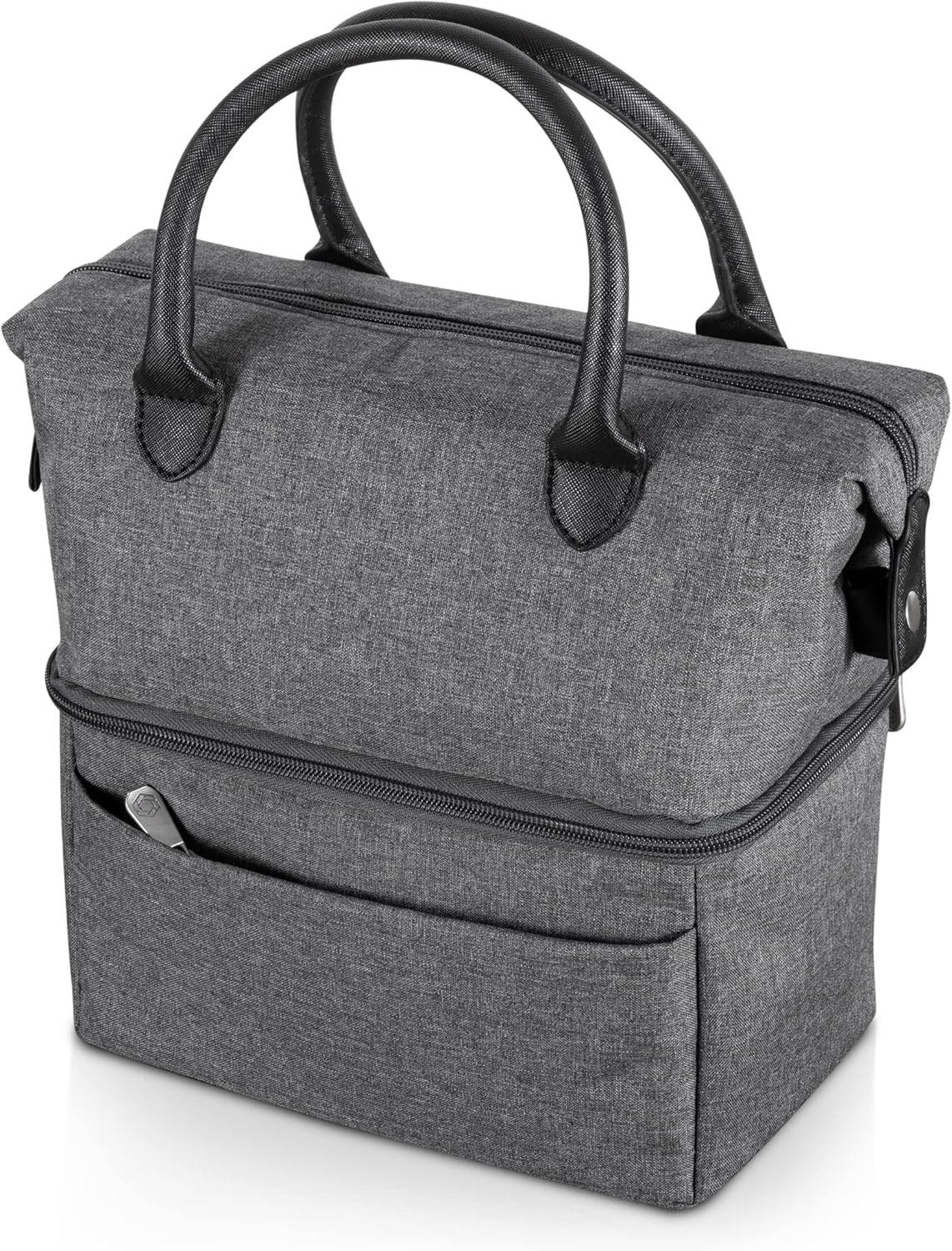 PICNIC TIME Urban Lunch Bag, Stylish Soft Cooler Bag, Expandable Insulated Lunch Box, Portable Cooler Lunchbox with Dual Compartment Design and Leatherette Handles, (Gray with Black Accents)