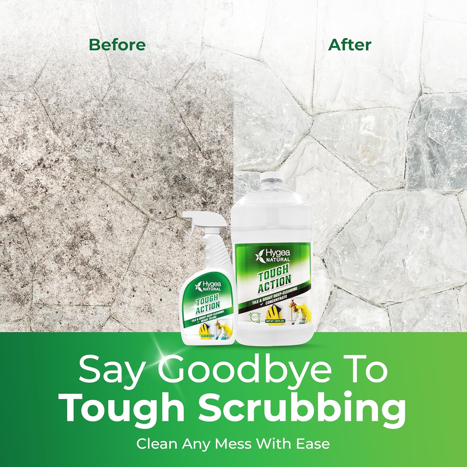 Hygea Natural Tough Action Tile & Grout Cleaner Duo - Deep Cleans Dirt & Scum, Conditions & Enhances Stone Color - Acid-Free & Residue-Free Biodegradable Formula (24 oz Spray + Concentrated Gallon)