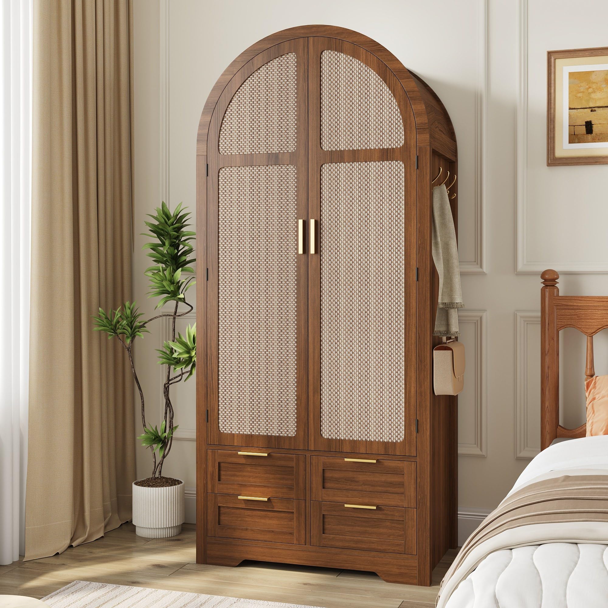 Geschwungener Kleiderschrank Holz mit Rattan Türen und Schubladen, 2 Türen Kleiderschrank Klein Im Modernen Landhausstil, Stabile Beine für Schlafzimmer & Flur, 80x50x179cm, Walnuss,A