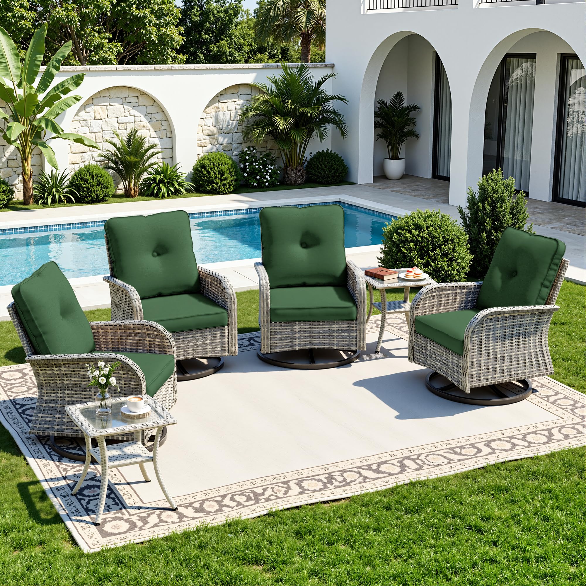 6-Piece Small Patio Furniture Set, Outdoor Swivel Rocking Chairs Set with Wicker Chairs and Tempered Glass Side Table, Outdoor Furniture Patio Bistro Set for Balcony, Deck, Porch