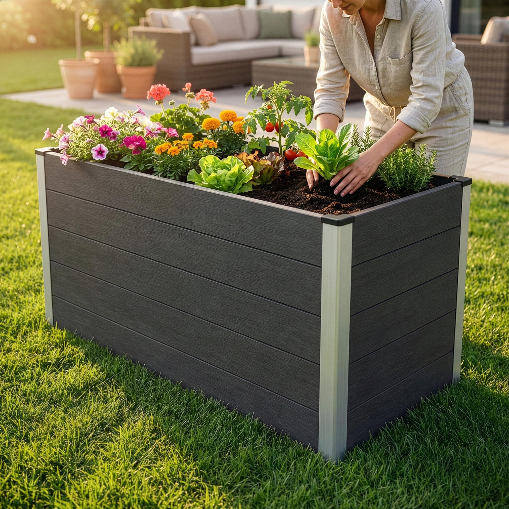 KARAT Hochbeet 150x70x75 cm Anthrazit WPC - Wetterbeständig & pflegeleicht auf Stelzen für Garten, Balkon oder die Terrasse - Kasos