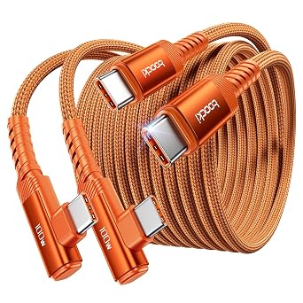 toocki 100W Right Angle Fast Charging USB C Cable, 2Pack, 10FT | Nylon Braided, Orange, 100W Fast Charging