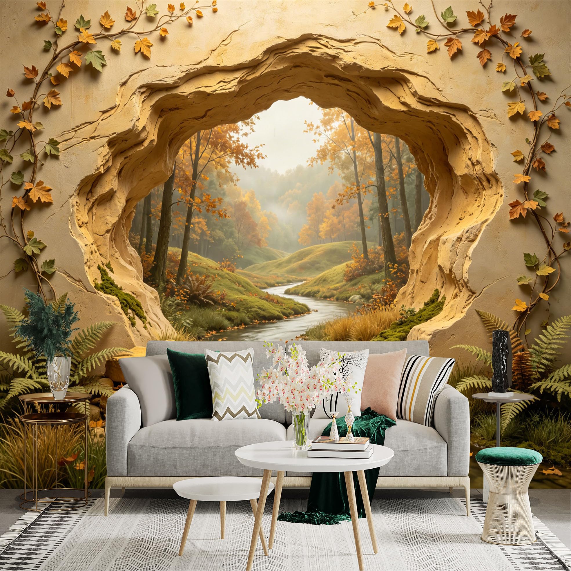 Custom Size Wall Sticker Mural， Autumn Forest with River， Rock Cave and Falling Leaves， for wall Decoration， peelandstick wall Decals.