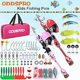 ODDSPRO Kids Fishing Pole - Kids Fishing Starter Kit - with Tackle Box, Reel, Practice Plug, Beginner\'s Guide and Travel Bag for Boys, Girls (2 Pack (Light Pink+Red), 1.5M 4.92Ft)
