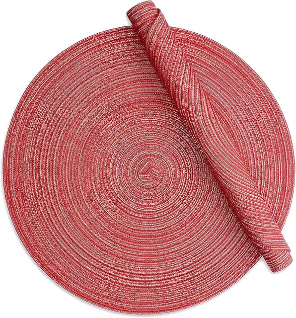 Alnicov 15 Inch Round Placemats Set of 6,Cotton Woven Placemat Heat-Resistant Non-Slip Washable Table Mats for Dining Table Wedding Holiday Party and Everyday Use(Red)