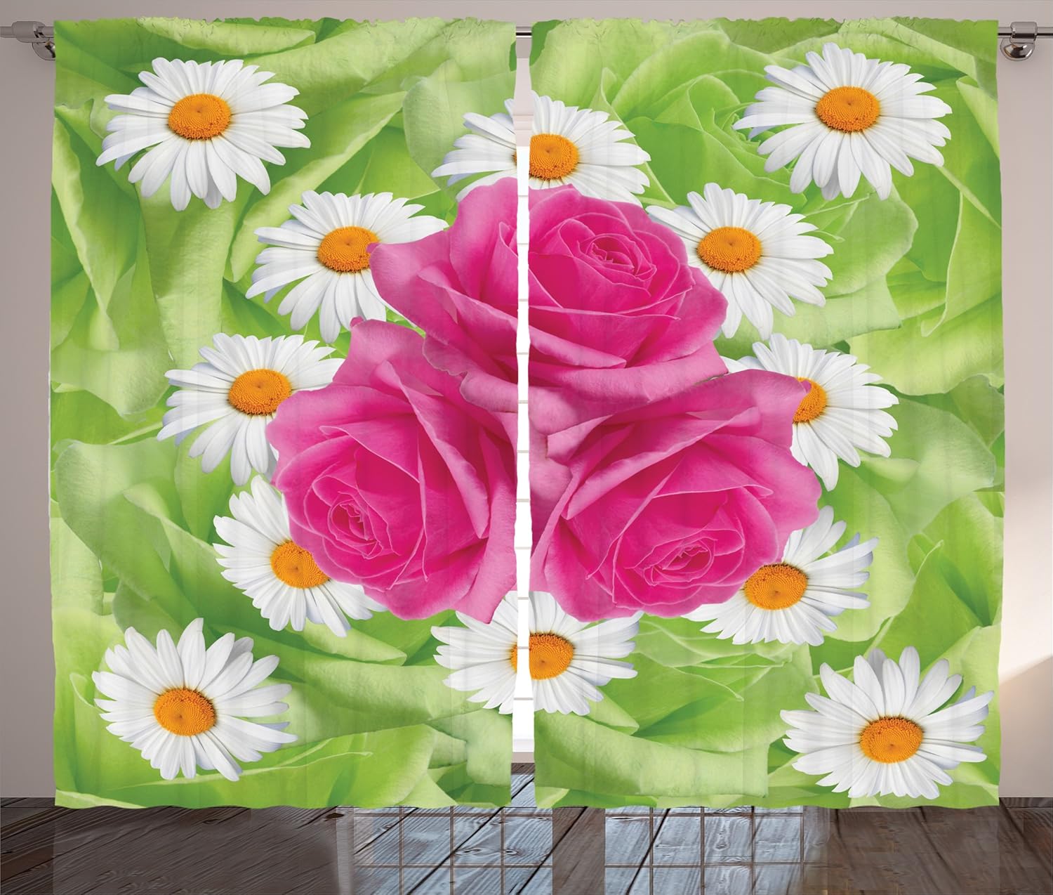 Ambesonne Rose Curtains, Mixture of Rose and Daisies with