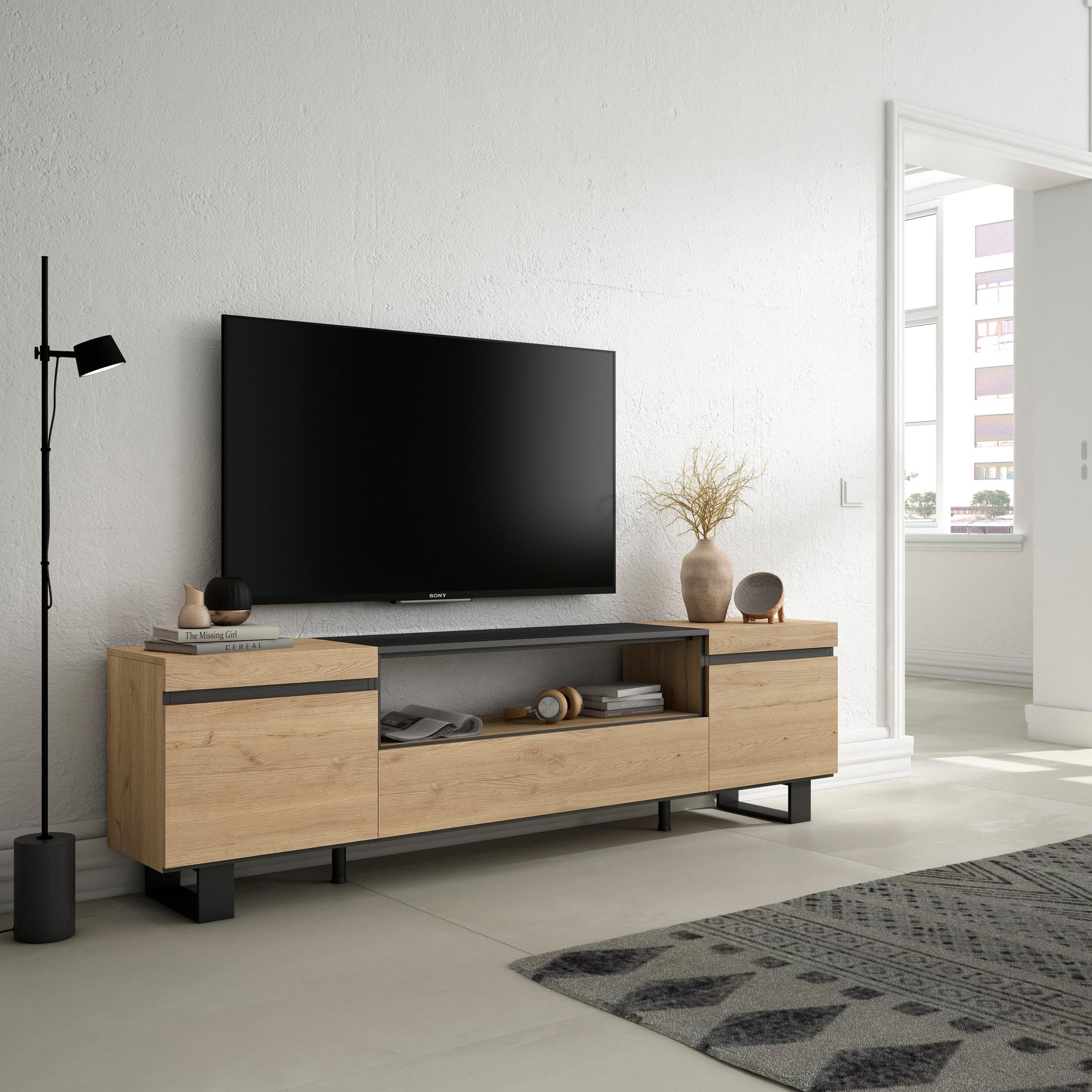 Skraut Home | Mobile TV Soggiorno | Ampio spazio a disposizione | 200x57x35cm | Per TV fino a 80" | Design industriale | Stile moderno | Rovere e nero