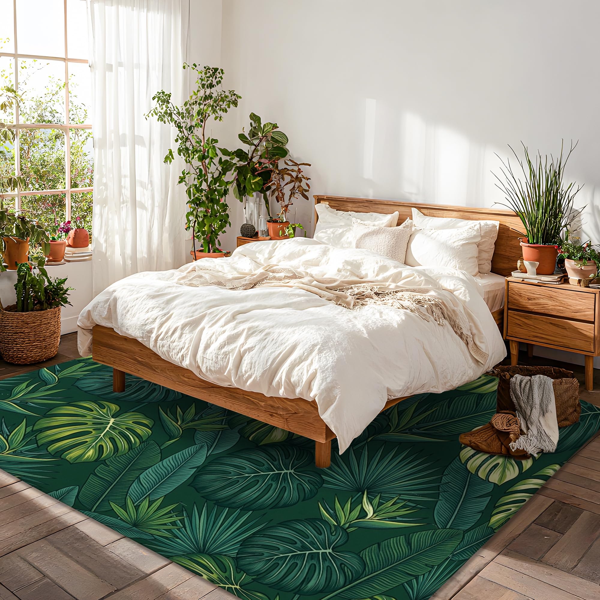 Monstera Tapis rectangulaire doux antidérapant et résistant aux taches pour salon, chambre à coucher, salle de classe, dortoir, 1,5 x 2,1 m, vert foncé