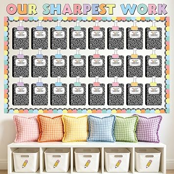 JarThenaAMCS 87Pcs Student Work Display Bulletin Board Decoration Set Composition Notebook Clips Inspirational Paper Cutouts for Back to School Classroom Chalkboard Wall Decor Teacher Supplies
