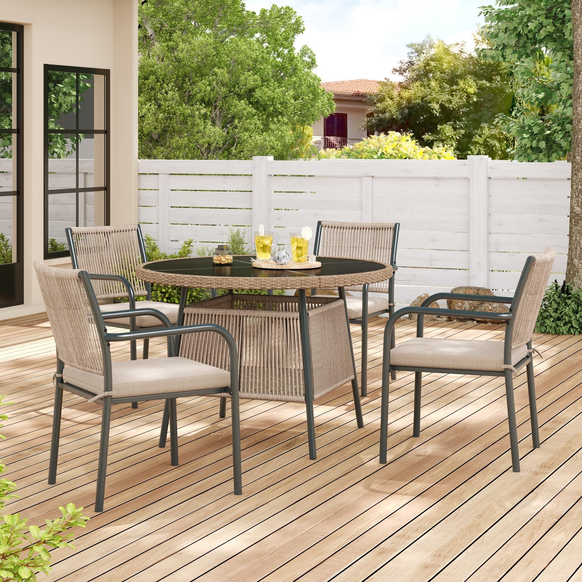 Salon de Jardin Extérieur en Résine Tressée 4 Places,4 Chaises et 1 Table Ronde,Coussin,Ensemble de Bistrot pour Jardin en Fonte Aluminium,Rotin Set de 5 pcs,Balcon,Patio