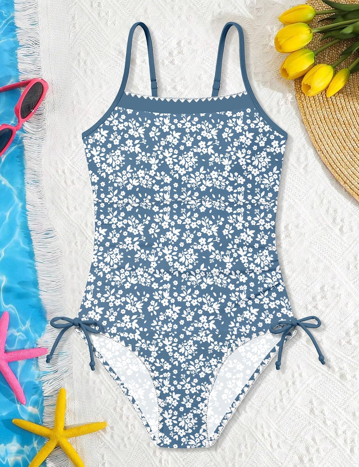 Girls Swimsuit One Piece Modest Girls Bathing Suit Solid Square Neck Ruched Adjustable Straps Padded Swimwear 9-16y - Image 7