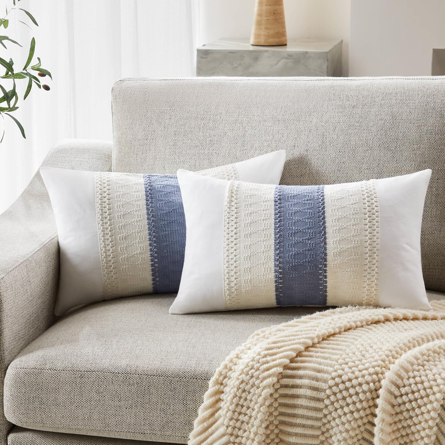 Soft Cotton Boho Lumbar Throw Pillow Covers Set of 2, Natural White/Contrast Blue 12x20 Inch, Blue Farmhouse Decorative Cushion Covers for Sofa Bed Living Room Home Decor
