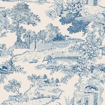 VaryStyle Beige/Blue Toile Wallpaper French Country Peel and Stick Victorian Cottage Core Wallpaper for Farmhouse Bedroom 17.7"x118" Removable Self Adhesive Rustic Contact Paper for Cabinets Walls