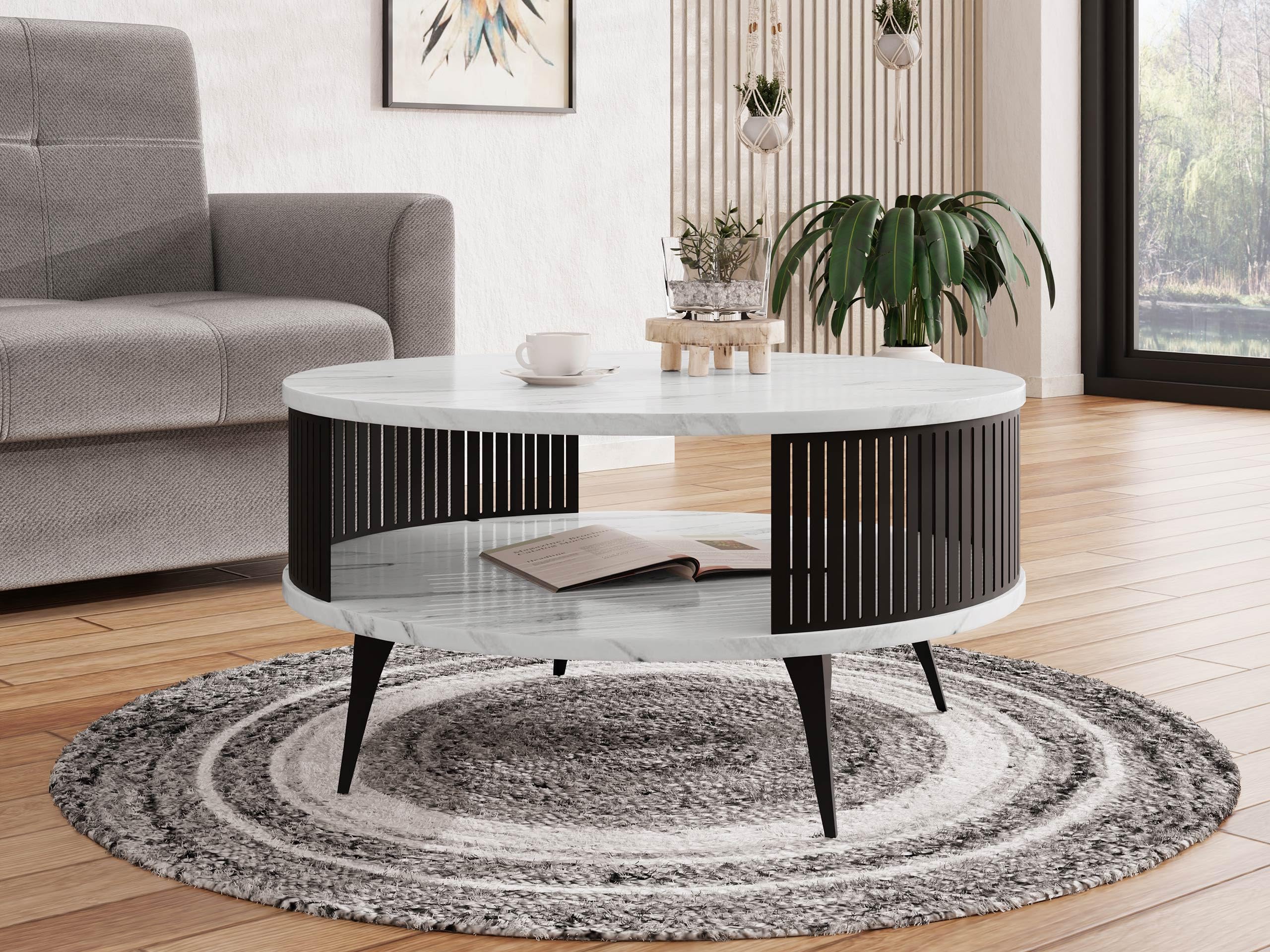 Mirjan24 Couchtisch Rajkon, runde Form (Bianco Marmor, Schwarz) | Moderner Wohnzimmertisch mit praktischer Ablage, stabilem Stahlgestell und pflegeleichter Oberfläche
