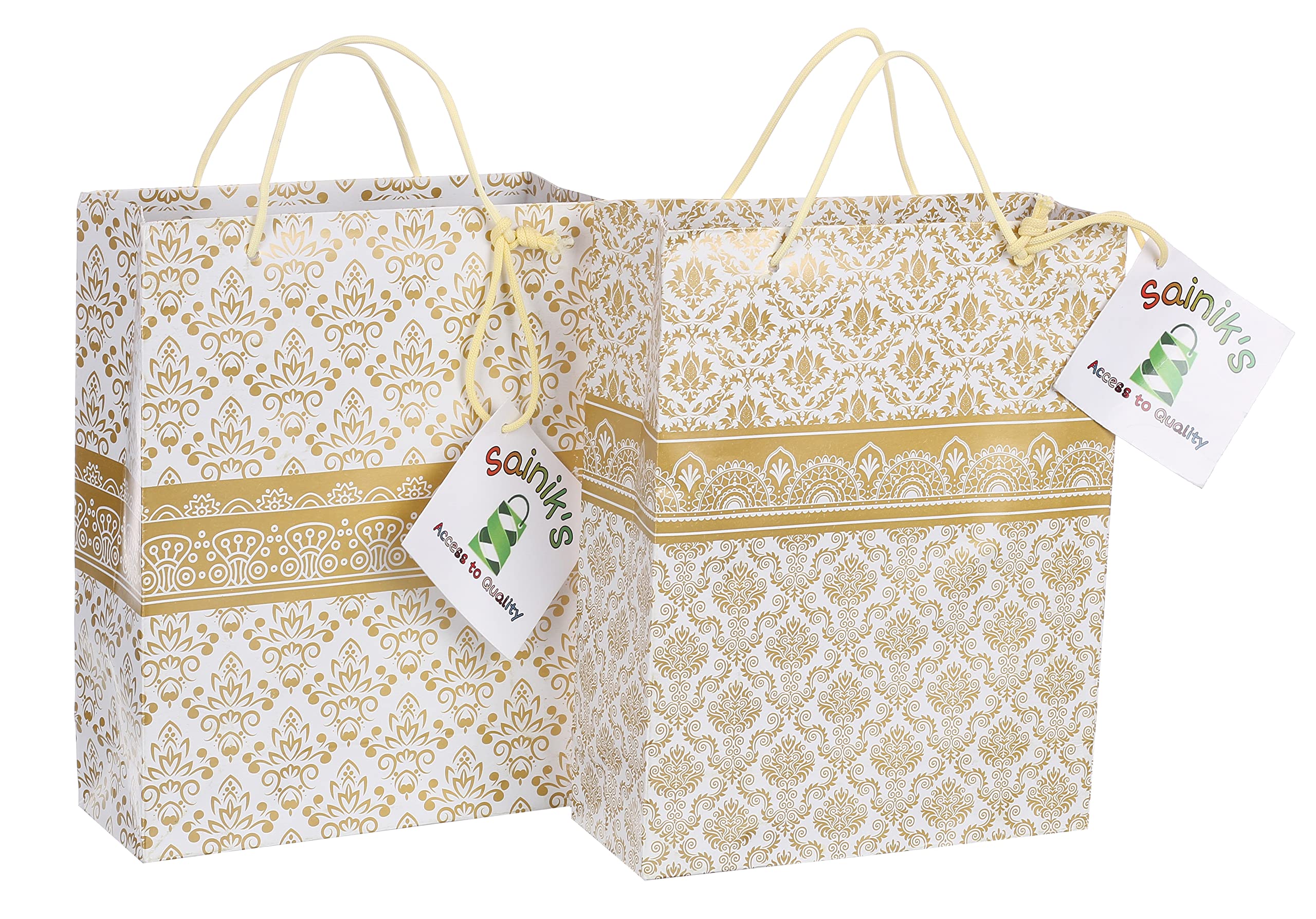 Sainik's Access to Quality Golden Lotus Design Paper Gift Bags for Gifting, Weddings, Birthday, Holiday Presents (20.32 x 7.62 x 27.94 cm) Pack of 80 2