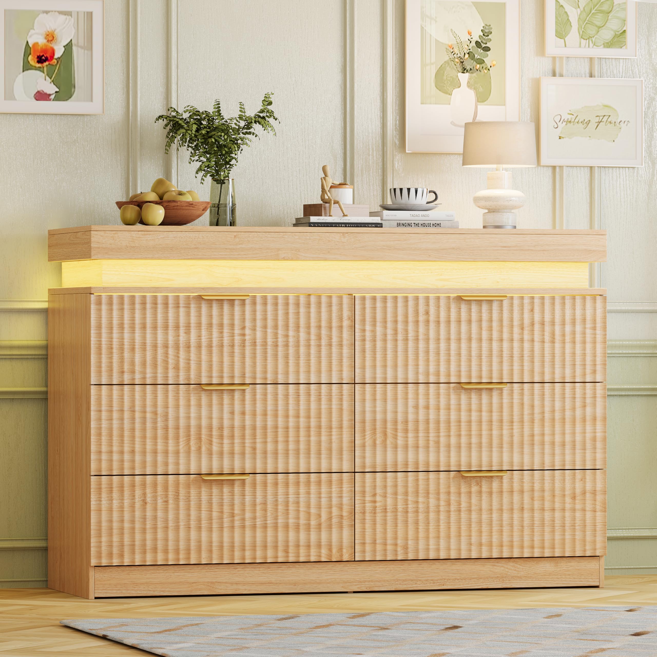 Fluted 6 Drawer Dresser LED Lights &amp; Charging Station, Natural Oak