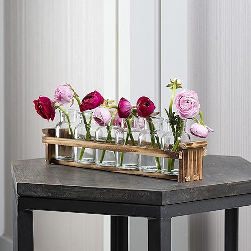 Miniatura 6 de Hermoso jarrón de flores de vidrio con soporte de madera para plantas y 6 jarrones botellas de vidrio decorativas para decoración del hogar centro
