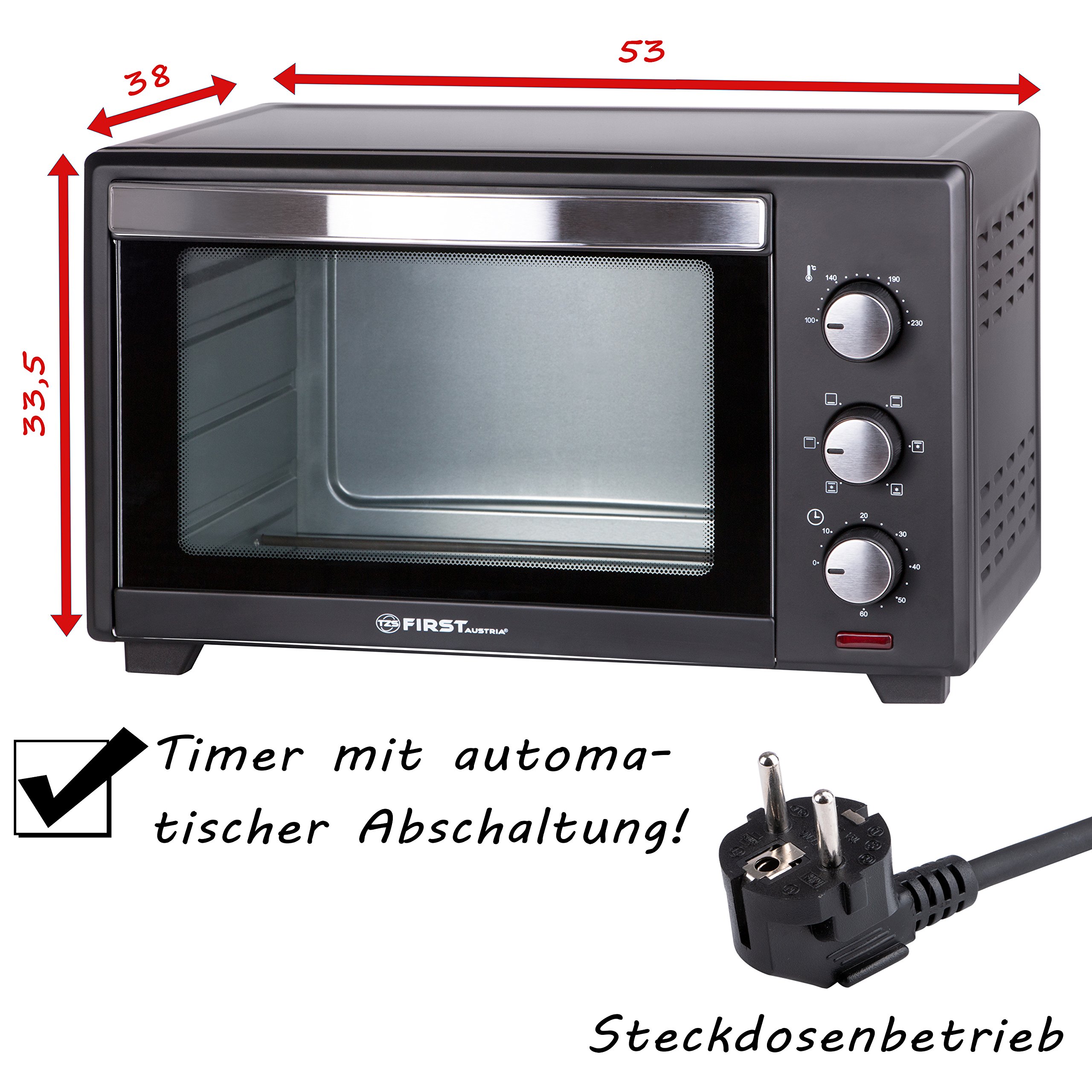 TZS First Austria - 35 l, 1600 W, mini piekarnik z oświetleniem wewnętrznym i termoobiegiem, mini piec do pizzy, podwójne szklane drzwi, timer, mini piekarnik, piec do pizzy | wyjmowana blacha na