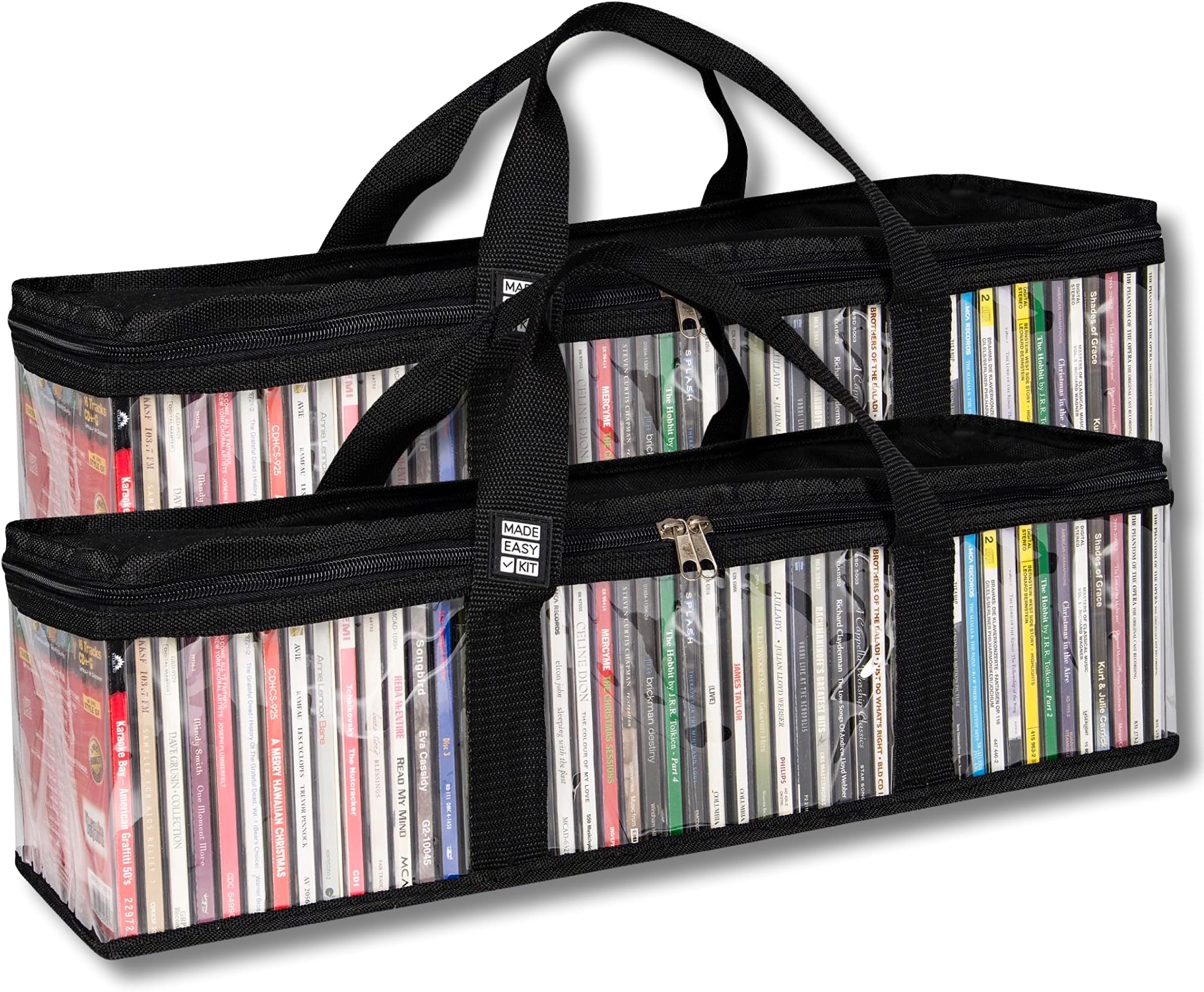 Made Easy Kit CD Storage Case - Clear See Though PVC Organizer With Triple-Stitched Handles and Dividers - Stackable, Space-Saving, Fits 50 CDs (2, Black)