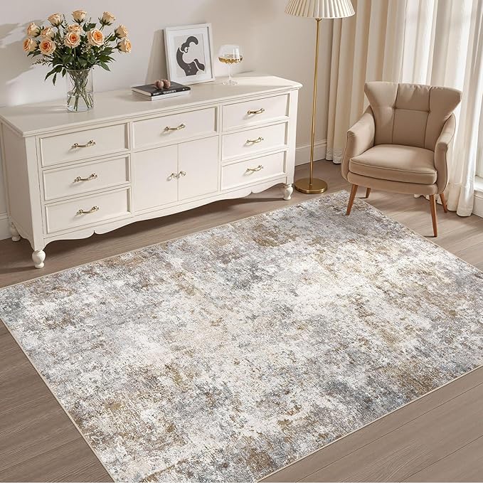 4x6 Area Rug Living Room Rugs - Washable Neutral Modern Abstract Soft Thin Rug Indoor Floor No Slip Rug Carpet for Bedroom Under Dining Table Home Office Decor - Brown Grey