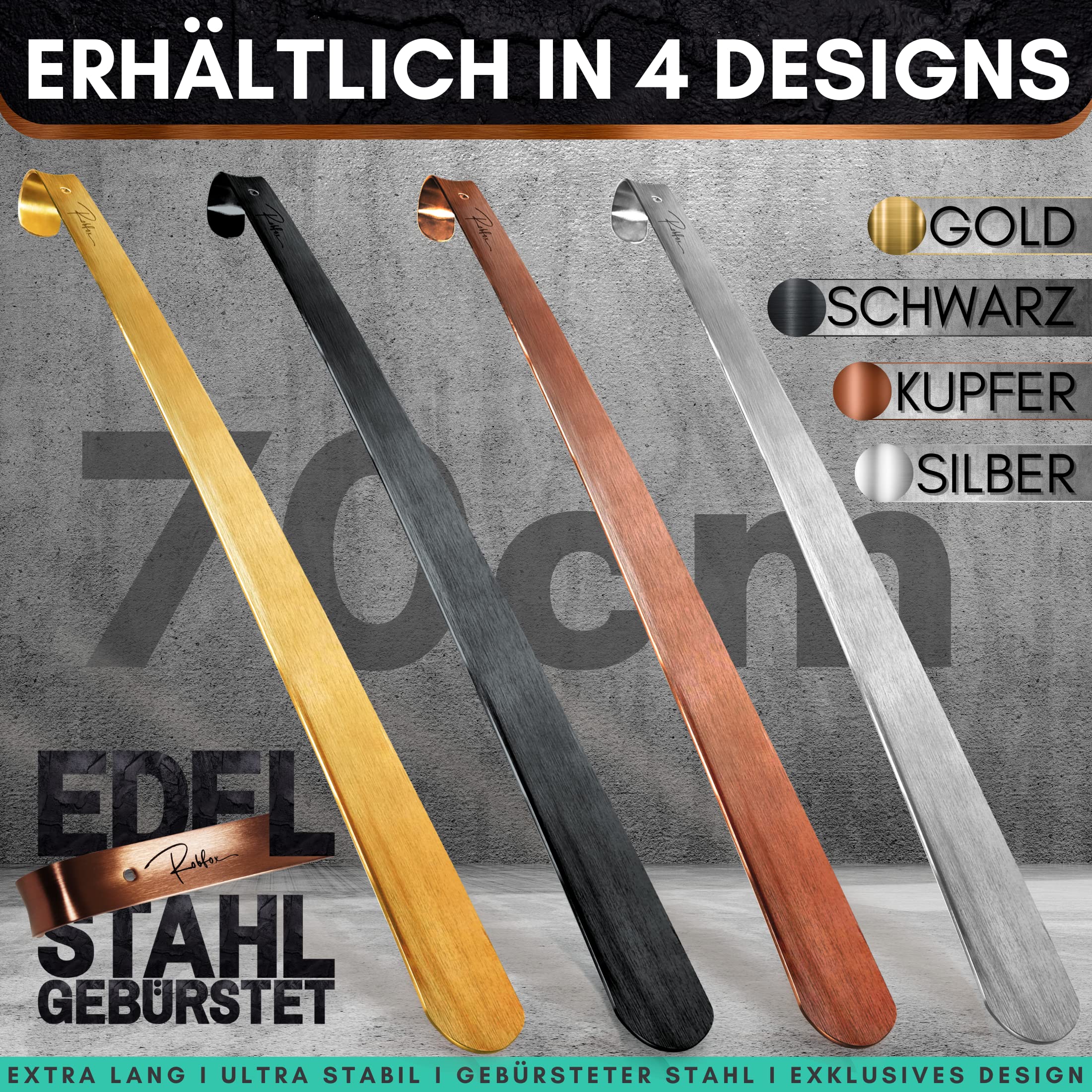 Robfox 70cm Schuhlöffel I extra stabiler Schuhanzieher aus gebürstetem Stahl I lange Schuhanziehhilfe I Rückenschonender Schuh Löffel in Premium Qualität (Kupfer)