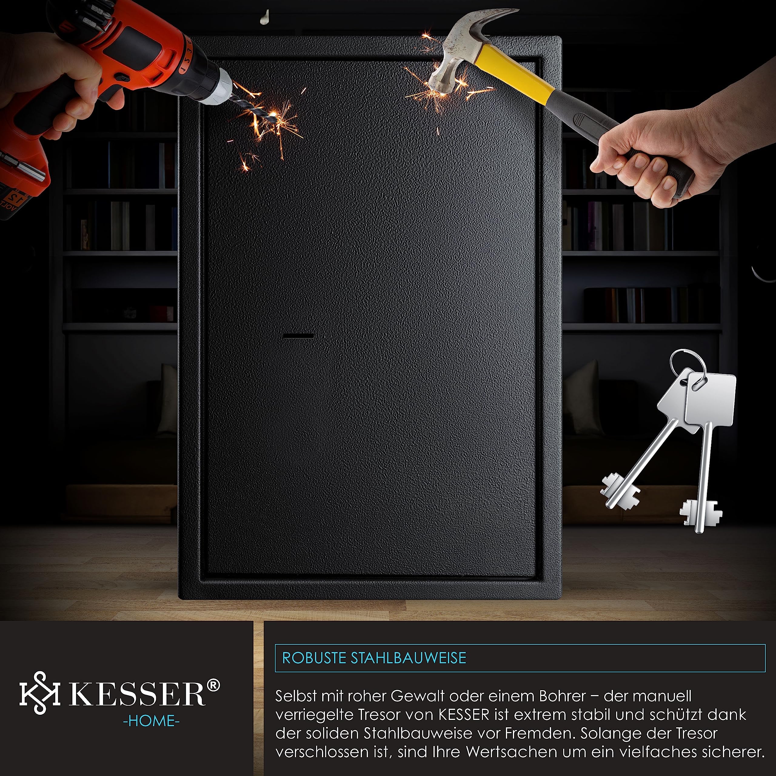 KESSER® Tresor Möbeltresor mit Doppelbartschloss, Safe Geldschrank Boden-Wandtresor Wandsafe 50x35x31cm ink. 2 x Schlüssel & Befestigungsschrauben, Schwarz