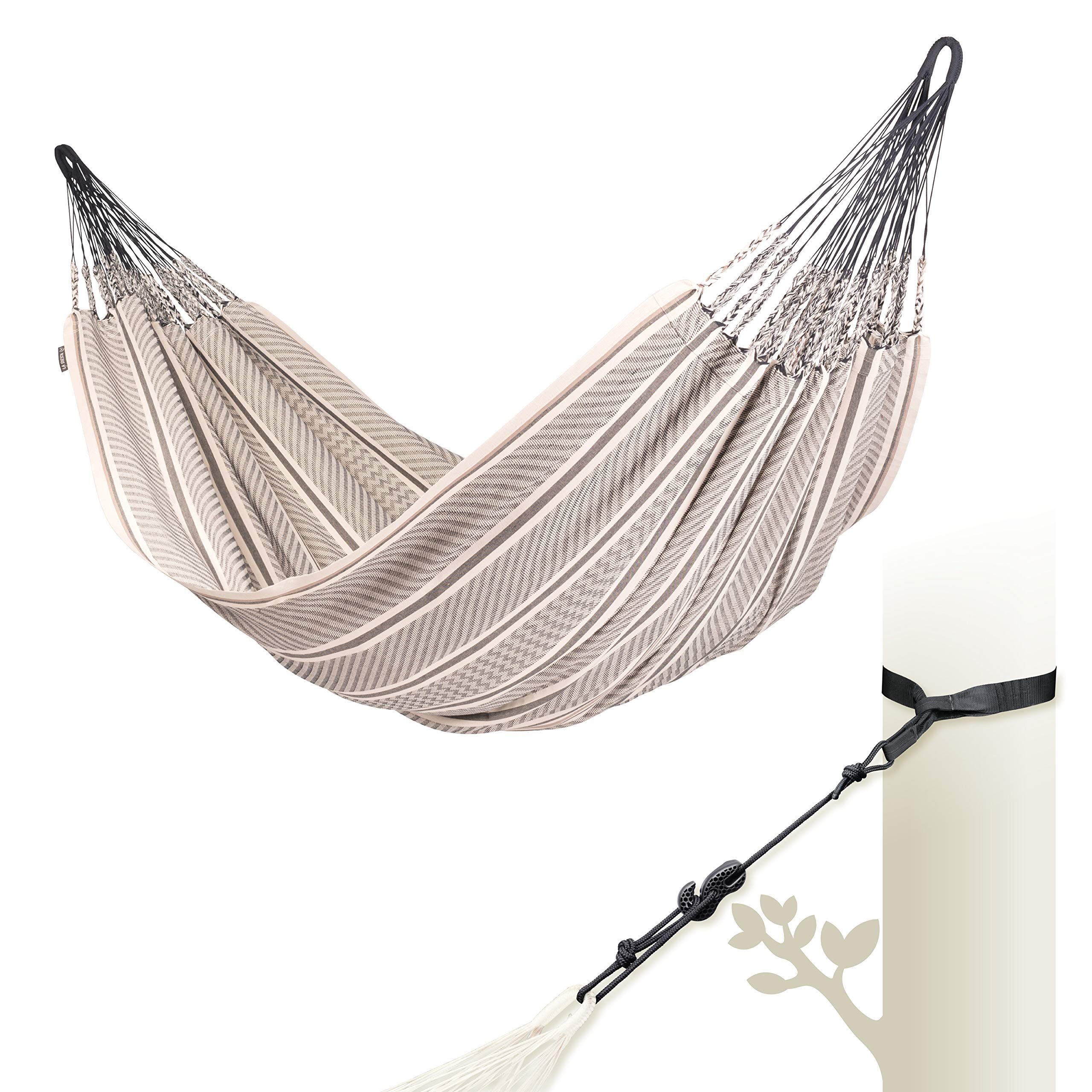 LA Siesta - Flora Zebra - Klassische King Size Hängematte aus Bio-Baumwolle + TreeMount Black - Baum- und Pfostenbefestigung