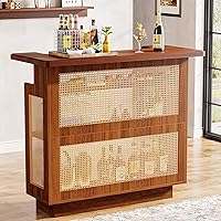 Tribesigns Farmhouse Rattan 4-Tier Home Bar Table with Stemware Racks & Heightened Base - Caramel Brown Mini Bar Cabinet