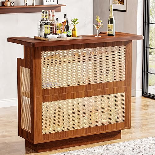 Tribesigns Mueble de bar de ratán para el hogar, mesa de bar de 4 niveles con 4 estantes de copas y base elevada, gabinete de bar de vino de licor,