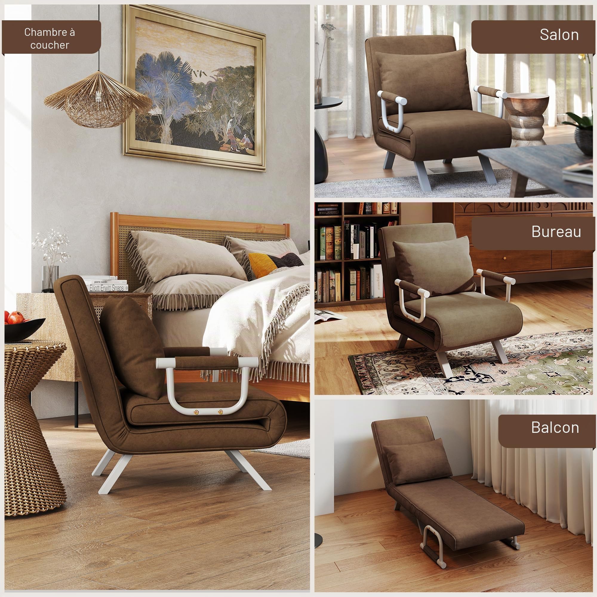HOMCOM Fauteuil chauffeuse canapé-lit Convertible 1 Place déhoussable Grand Confort Coussin Pieds accoudoirs métal suède Marron