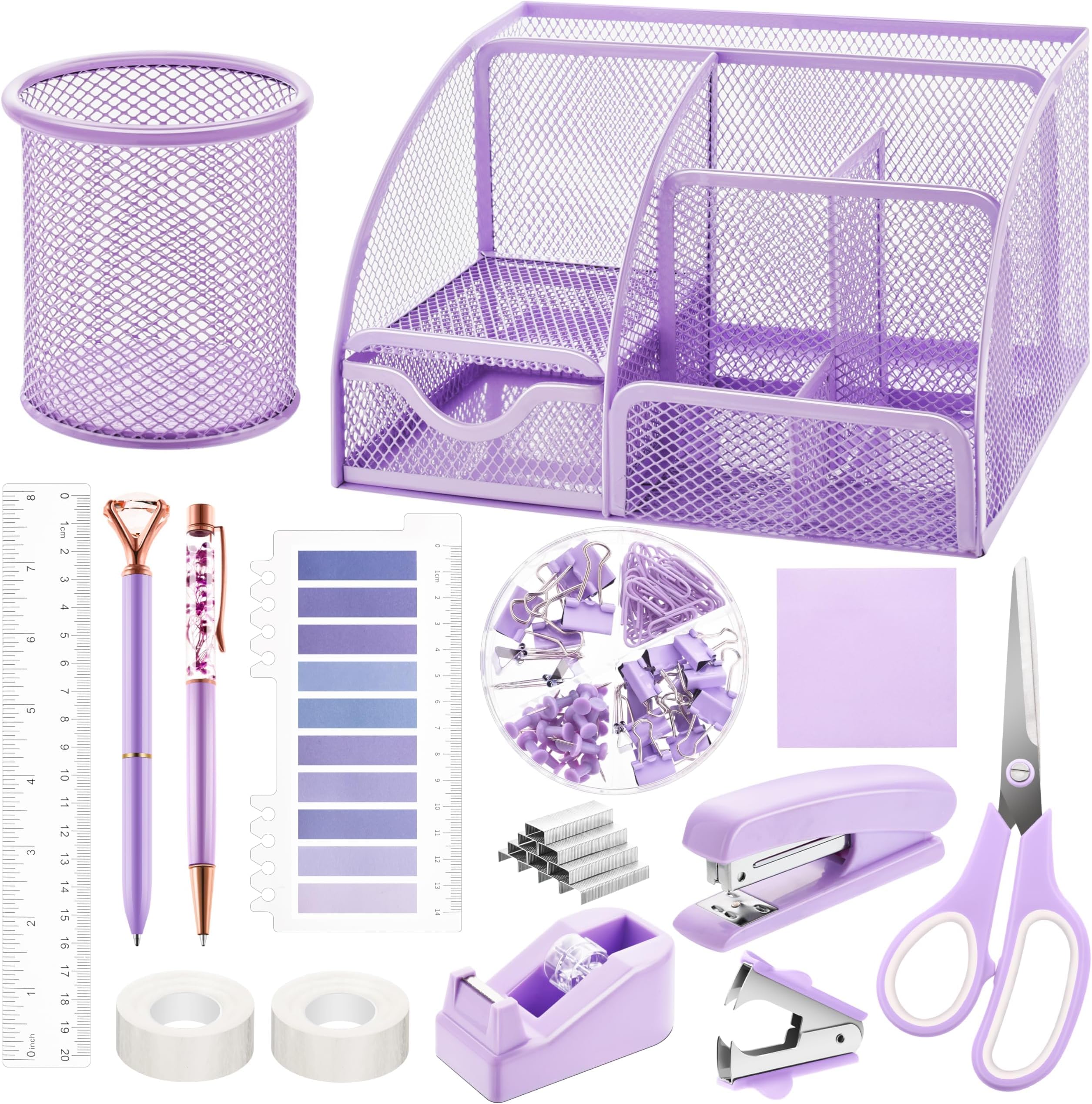 15 Pcs Purple Office Supplies Set Mesh Desk Organizer Accessories Kit Include Stapler Tape Dispenser Staple Remover Clips Ruler Scissors Sticky Notes for Office School Home Women (Purple)