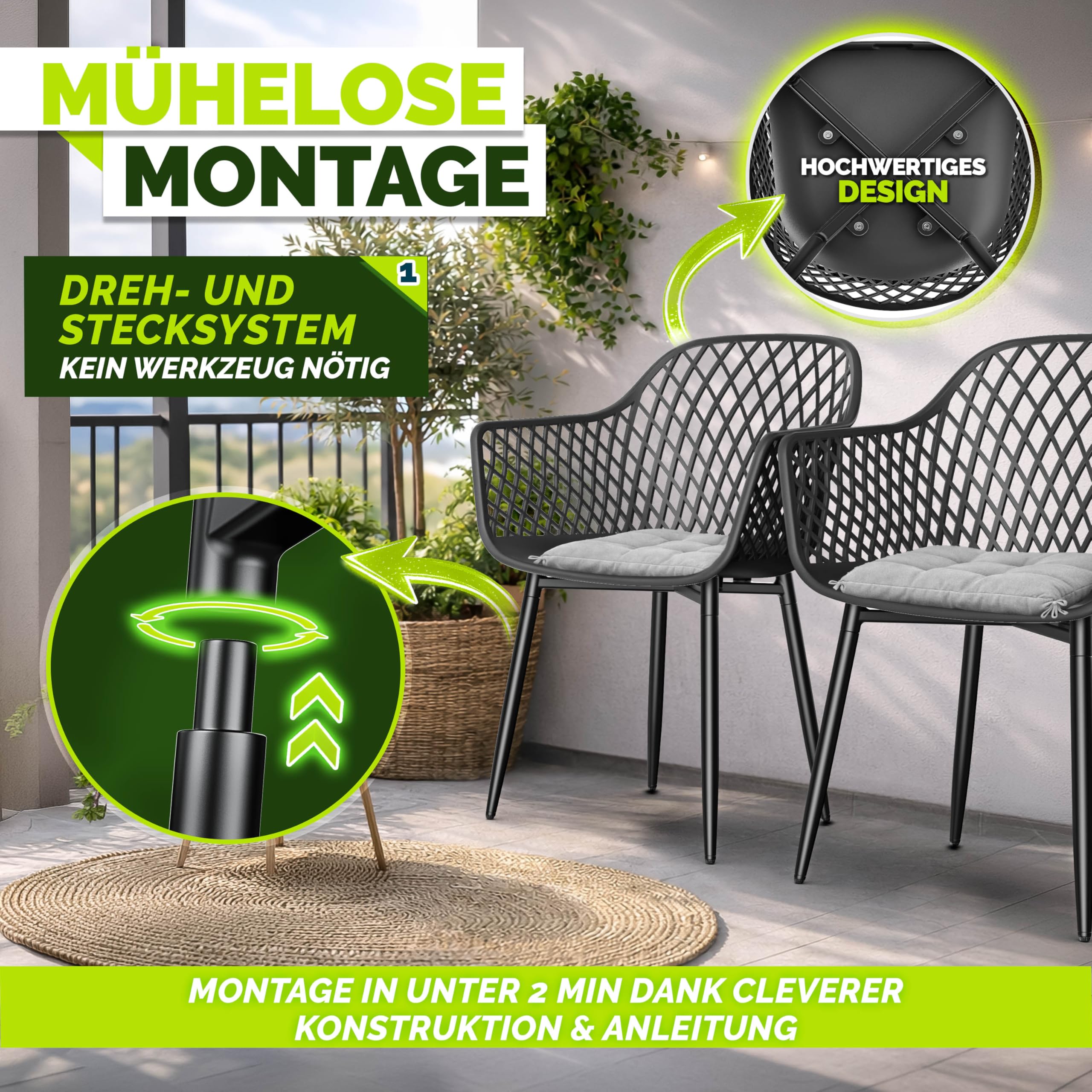 tillvex® Gartenstuhl 2er Set Wetterfest mit Armlehne | Outdoor Stühle bis 120kg belastbar | Gartenstühle UV-beständig | Terrassenstuhl Gartenmöbel Terrasse Balkon Outdoor Garten
