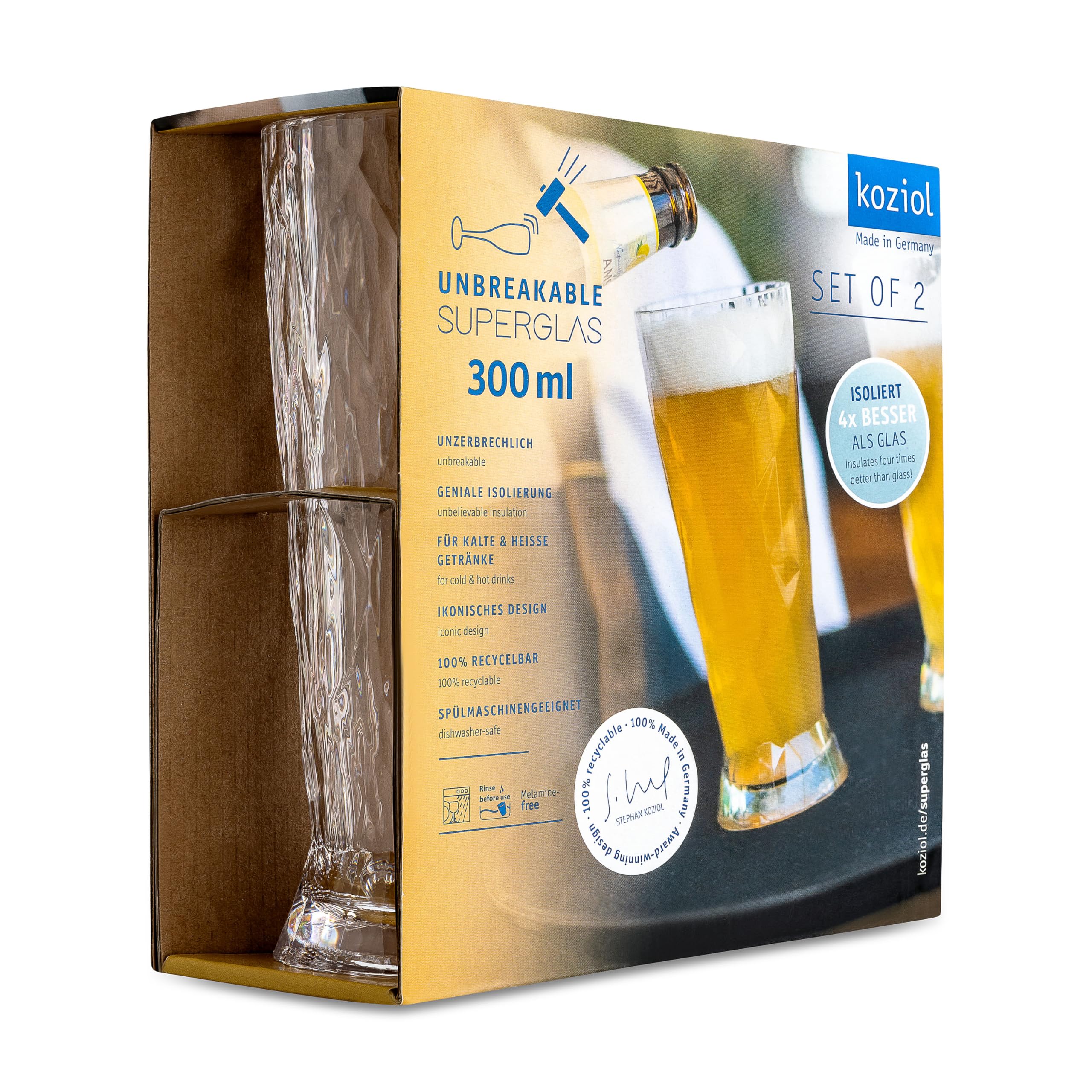 Koziol Superglas Club No. 10, 2 pezzi, 300 ml, bicchiere da birra in plastica cristallina, lussuoso, infrangibile, riutilizzabile, festa, campeggio, set da 2