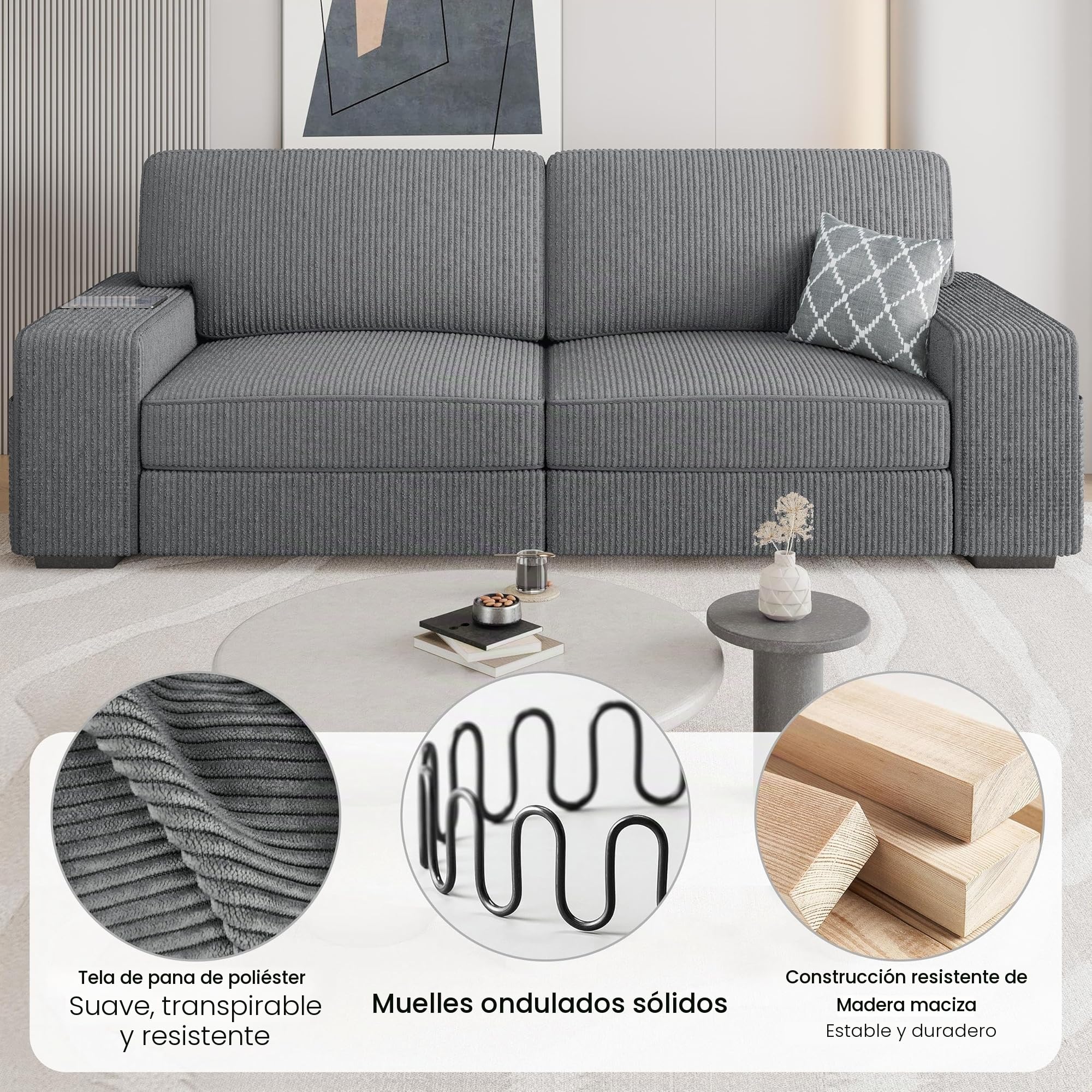 Yaheetech Sofá de 2 Plazas Tapizado de Pana de 212 X 81 cm Sofá con Cojines Extraíbles Sofá Moderno con Reposabrazos Anchos Carga MAX 272 KG para Salón/Dormitorio/Sala de Estar Gris Oscuro
