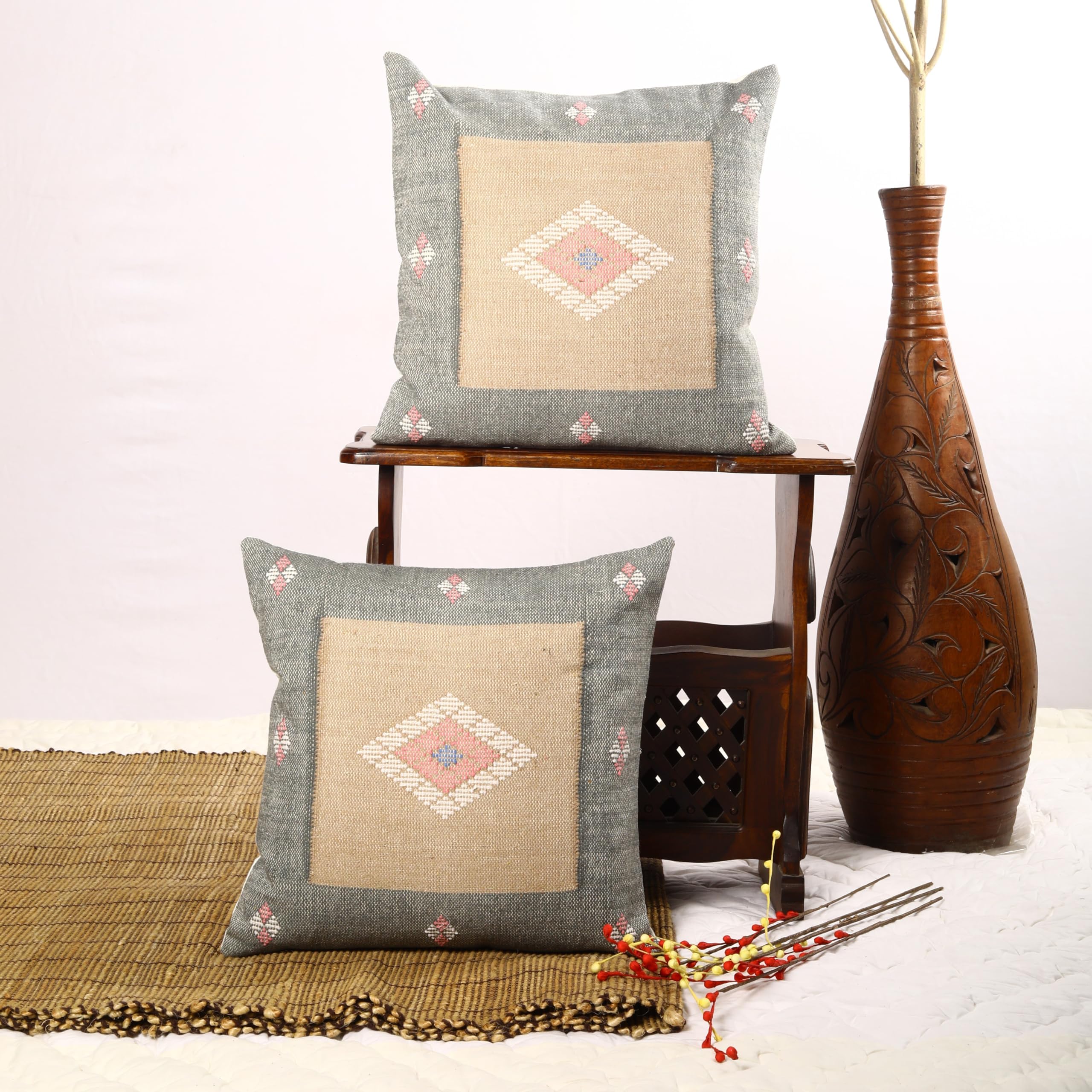 Trade Star Kilim - Juego de 2 fundas de cojín decorativas de 70 % yute, 30 % lana, muy duraderas, tejidas a mano (Sabra 20)