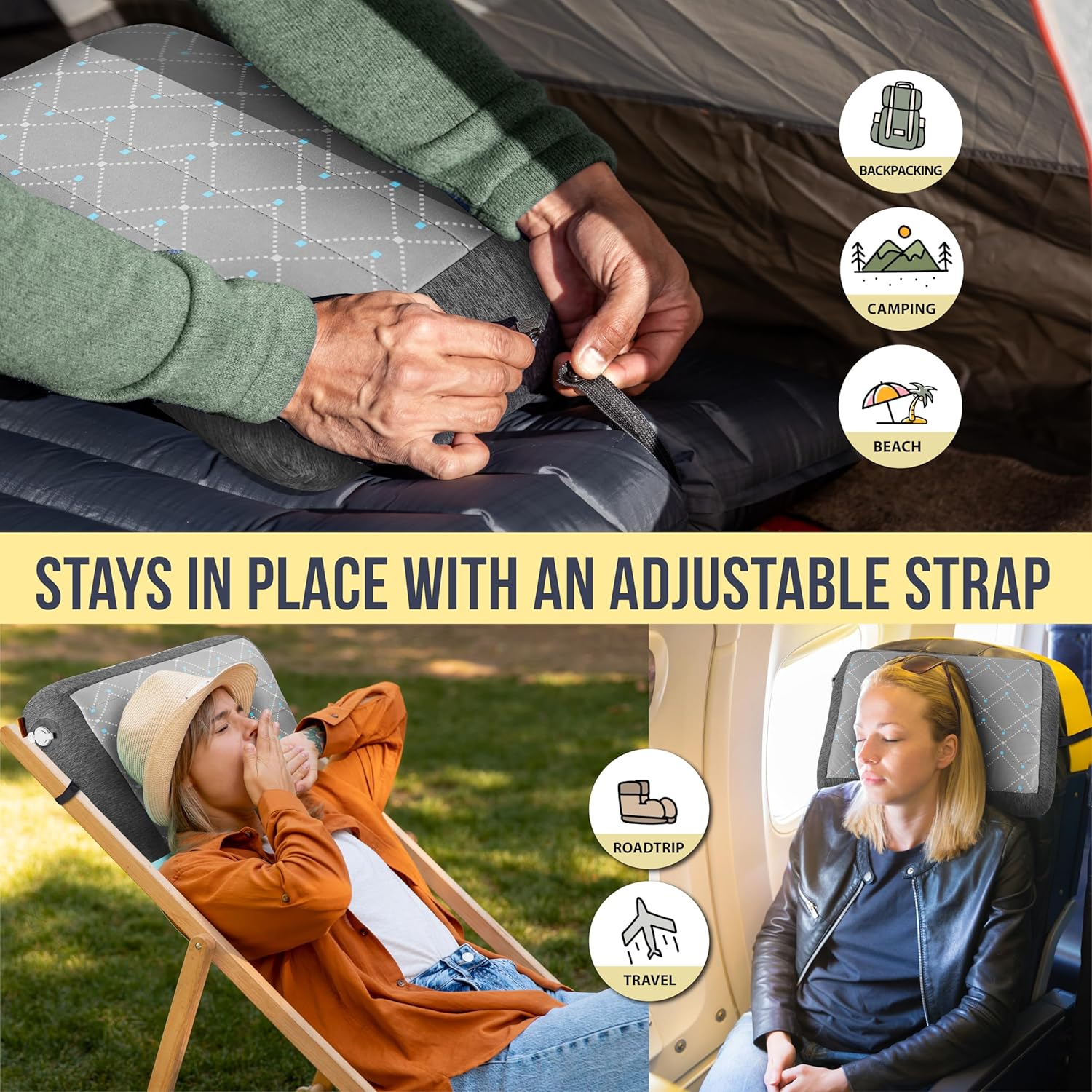 TREKOLOGY Premium Inflatable Travel Pillow with Removable Foam-Padded Case – Noise-Reducing, Ergonomic Design for Camping, Backpacking, and Air Travel ALUFT Pro (Gray) - Image 5