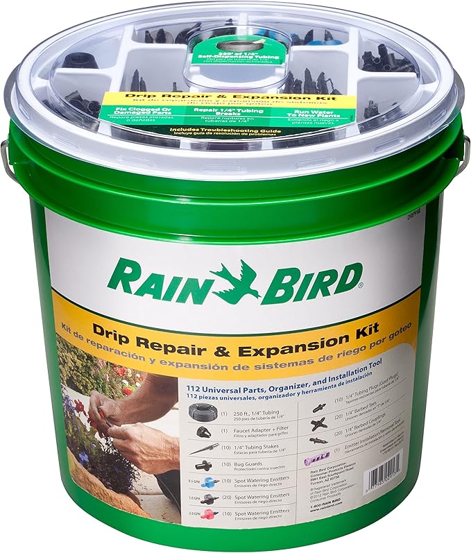 The Rain Bird DRIPPAILQ Drip Irrigation Repair and Expansion Kit is a comprehensive set that includes all the necessary components for repairing and expanding your existing drip irrigation system. This kit is designed to make it easy for users to quickly fix any leaks or damages in their system, as well as add new lines and emitters to ensure optimal watering coverage.