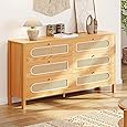 GOOBED Natural Rattan 6 Drawer Dressers - Oak Wooden Dresser Chest of Drawers with Golden Handles - Modern Large Boho Dressers Storage Cabinet for Living Room/Hallway/Entryway