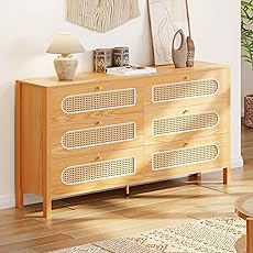 GOOBED Natural Rattan 6 Drawer Dressers - Oak Wooden Dresser Chest of Drawers with Golden Handles - Modern Large Boho Dressers Storage Cabinet for Living Room/Hallway/Entryway