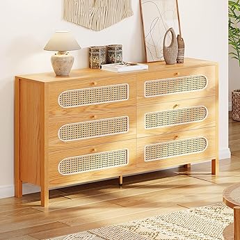 GOOBED Natural Rattan 6 Drawer Dressers - Oak Wooden Dresser Chest of Drawers with Golden Handles - Modern Large Boho Dressers Storage Cabinet for Living Room/Hallway/Entryway