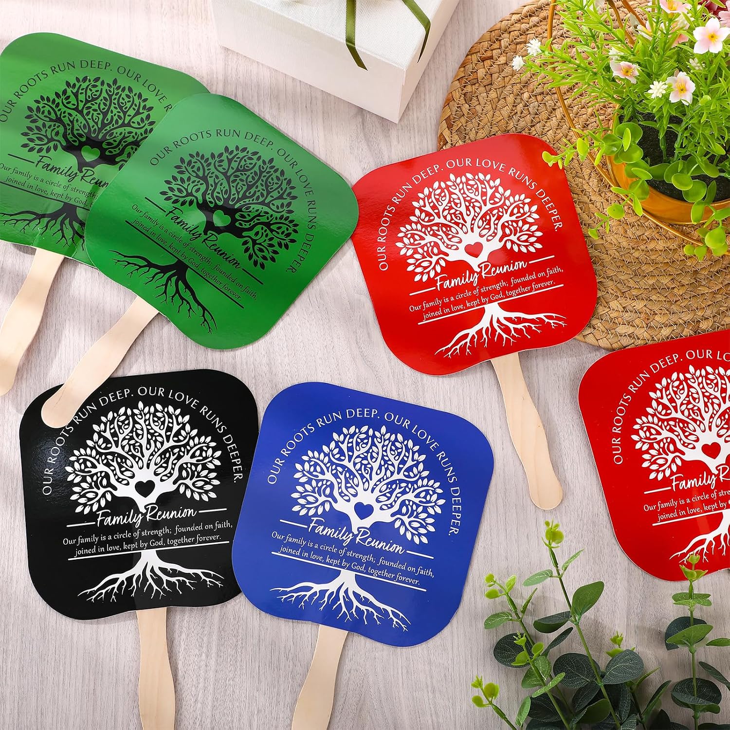 RattanView 48 Pcs Family Reunion Favors Remembering Our Roots Fans Plastic Handheld Tree Fan with Handle Family Reunion Decorations Gifts for Gathering Housewarming Wedding Adoption Anniversary Party