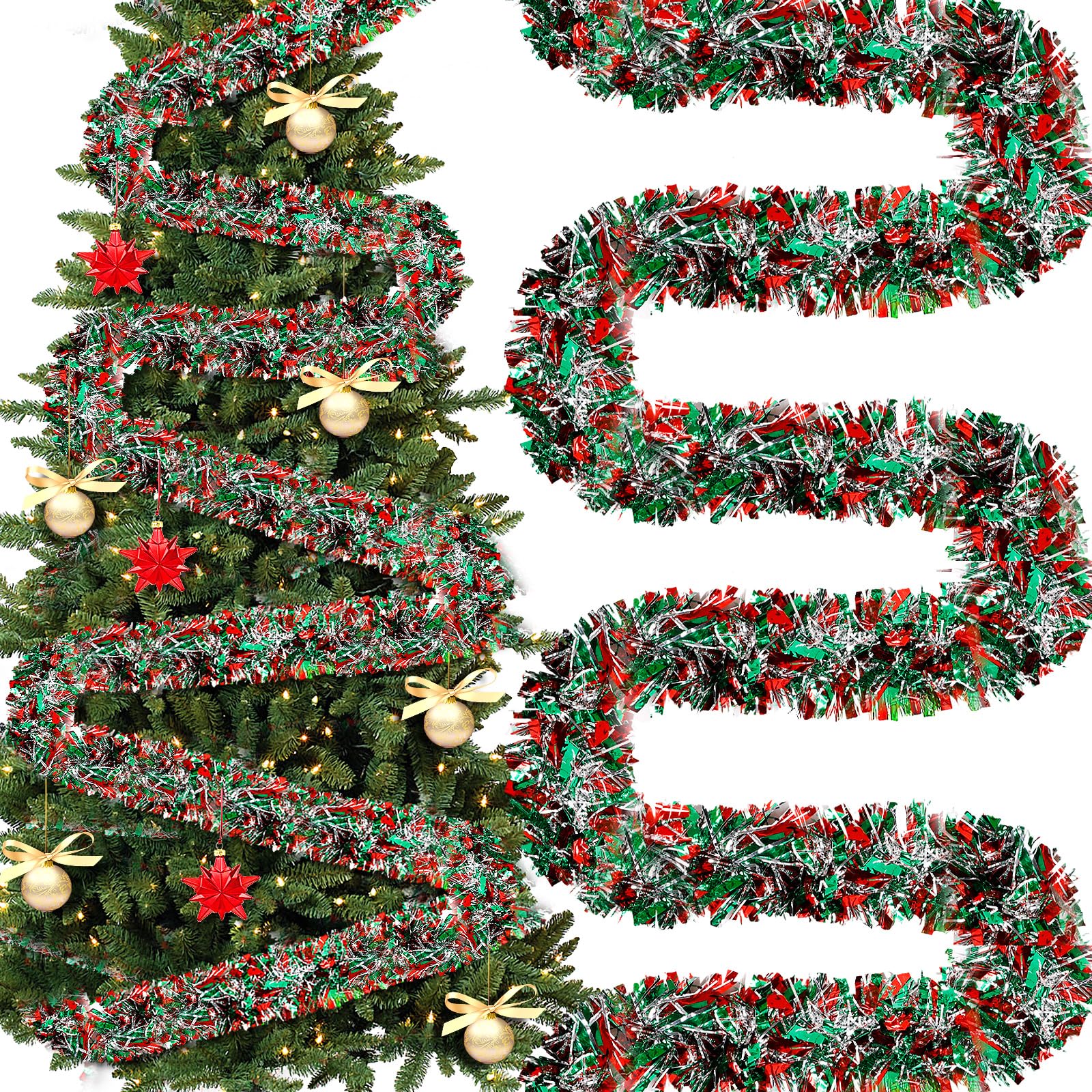 Weihnachts-Lametta-Girlande, Metallic-Lametta-Girlande, glitzernd, metallischer Baum, glänzende hängende Girlanden, Dekorationen für Treppen, Geländer, Urlaub, Party, Rot, Grün, Silber, 295