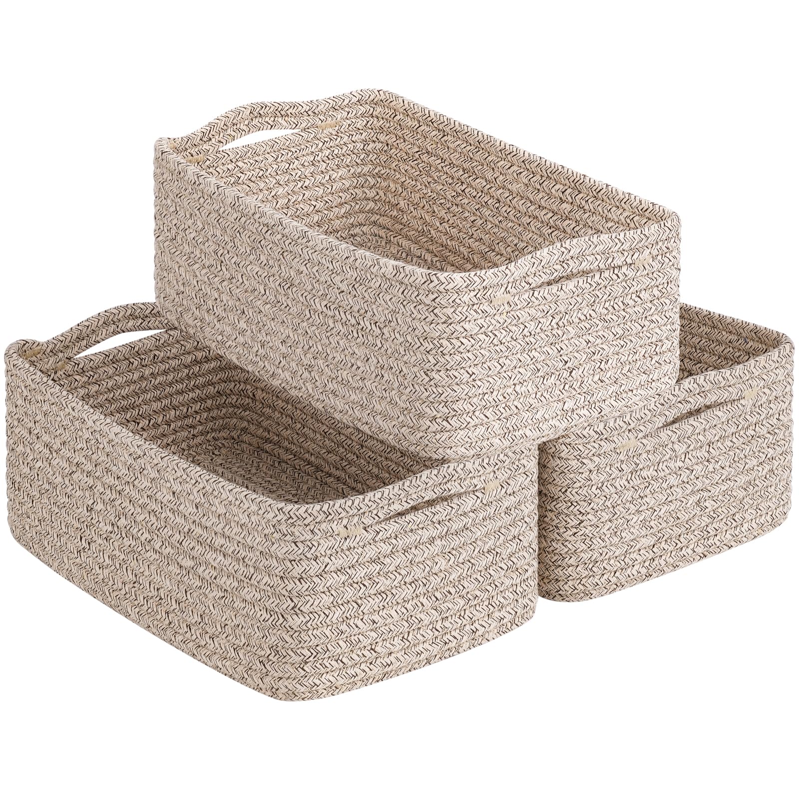 Goodpick 3Pack Rope Storage Baskets for Shelves Organizing, 11 x 7 x 4.5 in | Woven Baskets for Closet Fit Bedroom Lving Room, Small Baskets for Gift Empty, Dog Toy Basket for Pets, White & Light Gray