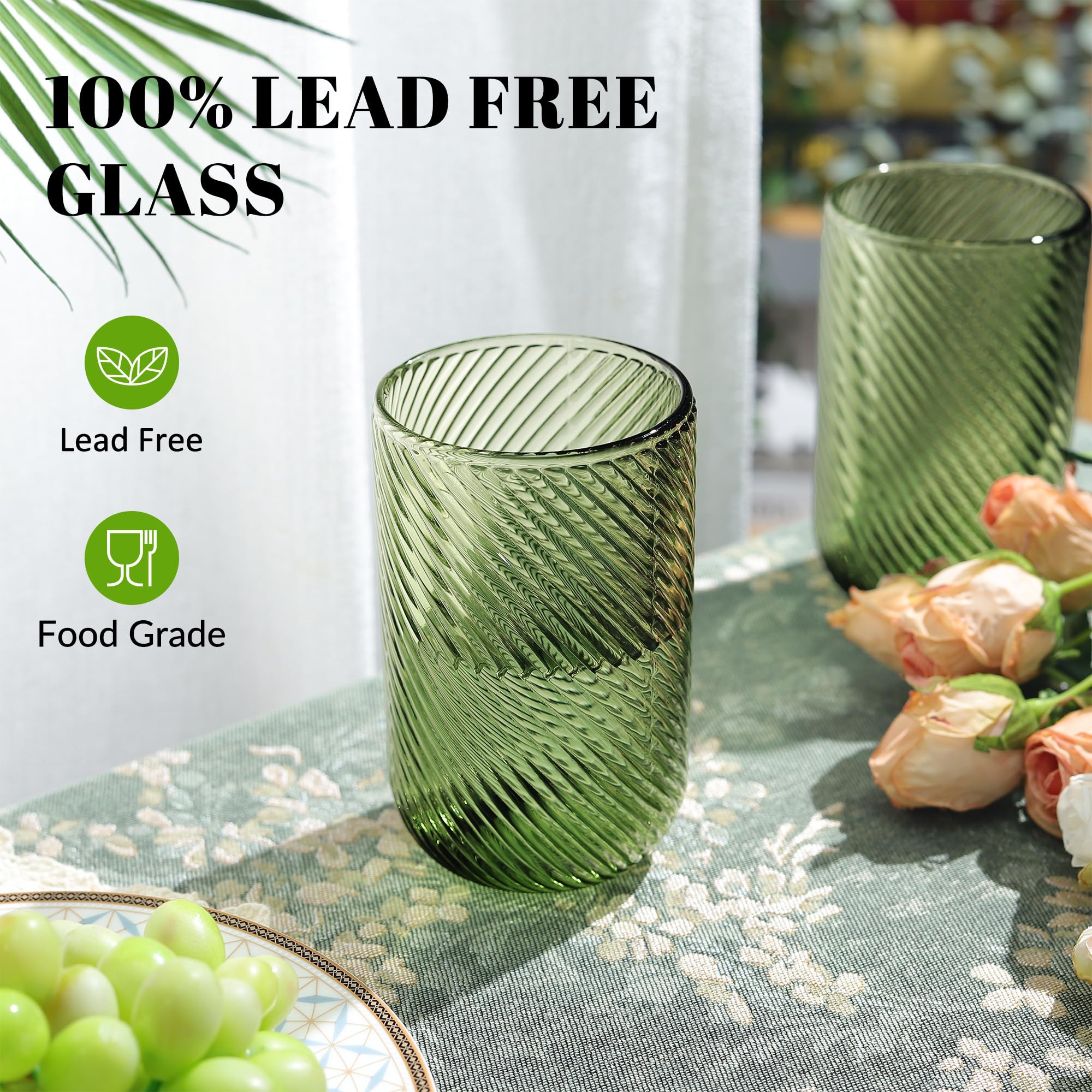Joeyan Lot de 4 Verres à Eau Vert, 410ml Grande Verres à Jus et Soda, Moderne Verres à Boire Décoré en Strié Relief, Verre de Table Pour Whisky,Cocktail,Thé,Orangeade,Limonade, Lavable Lave-Vaisselle