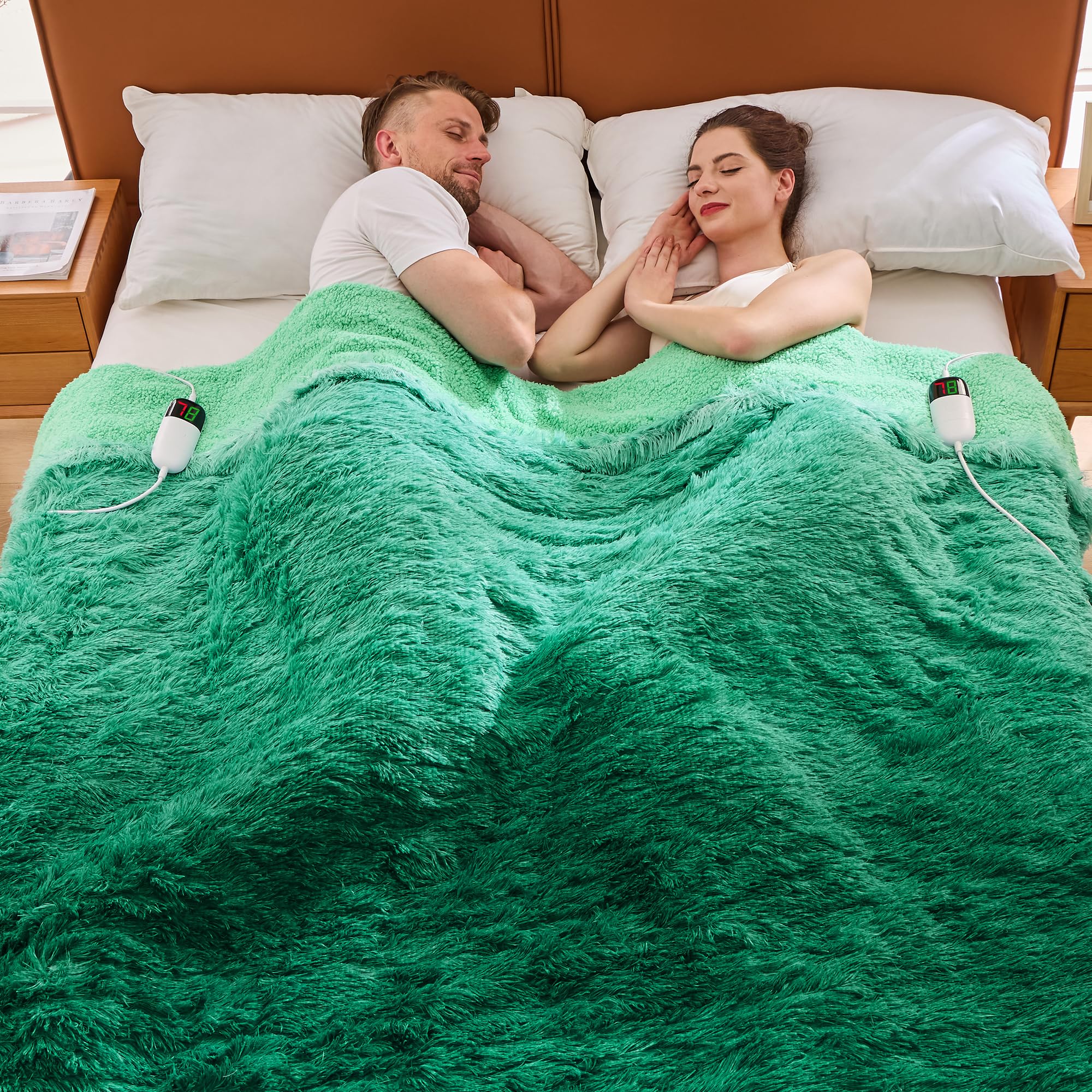 RUJIPO Heated Electric Blanket Faux Fur Queen Size with Fluffy Sherpa Back Dual Control, Warm Gift Soft Plush Heating Blankets with 10 Heat Settings, 5 Time Settings, ETL 84