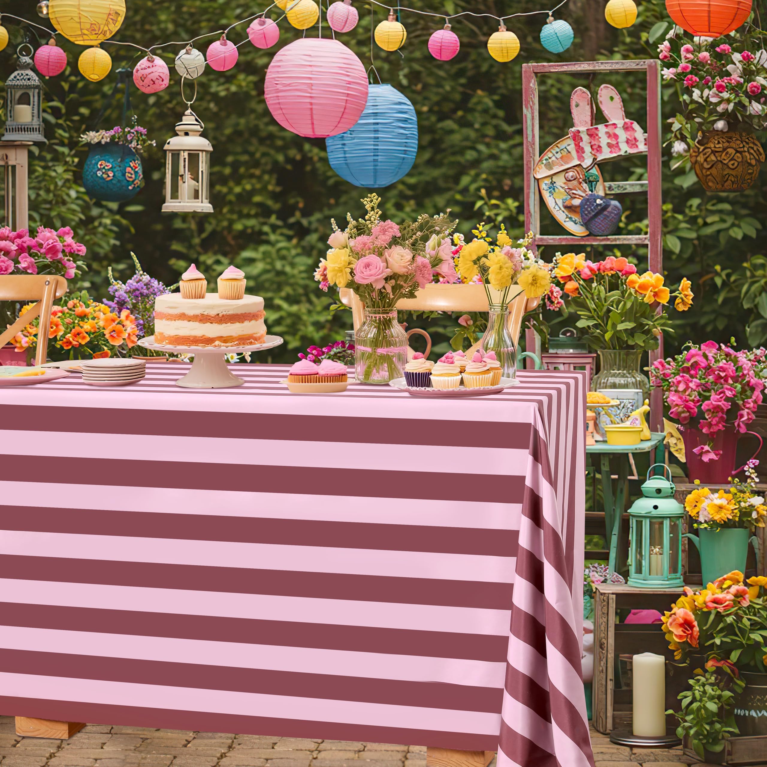 Red Pink Striped Table Cloth Rectangular Polyester for Party 140x300 cm