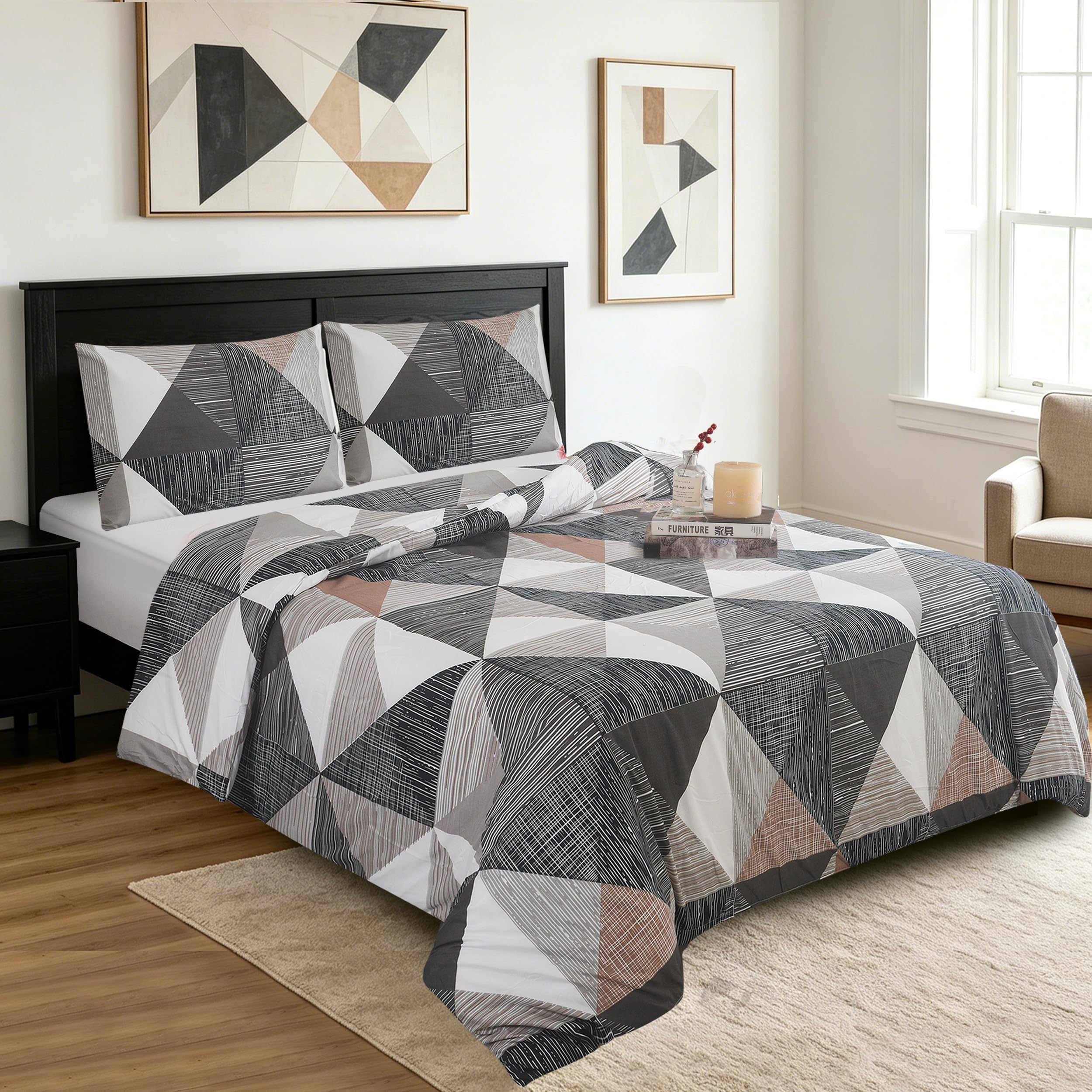 Hadi London 3 Piece Printed Duvet Cover Set with Pillowcases, Reversible Floral Microfibre Bedding Set, Soft Breathable Quilt Cover with Zipper Closure (Urban Geometry, SINGLE)