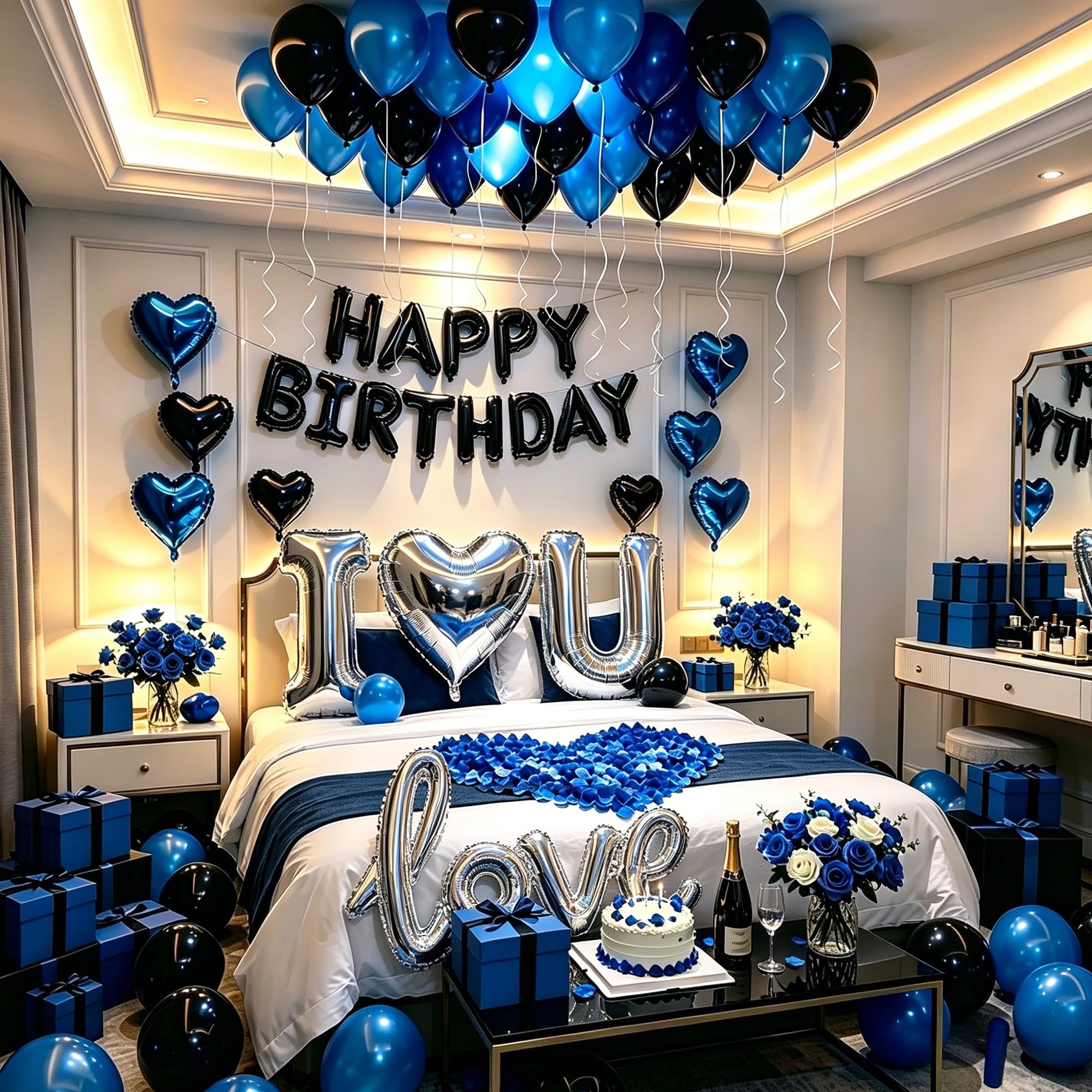 Set di palloncini di buon compleanno blu e nero con palloncini I Love You
