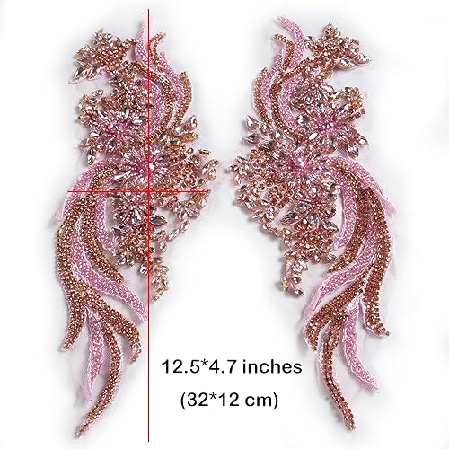 Miniatura 2 de La Belleza - 1 par de diamantes de imitación hechos a mano con apliques para ropa, 14.5 x 4.7 pulgadas, decoración de vestido de novia, oro rosarosa